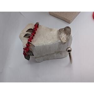 Fashion Bracelets Lot Red Faceted Bead Stretch Leaf Charm & Silver Tone Cuff